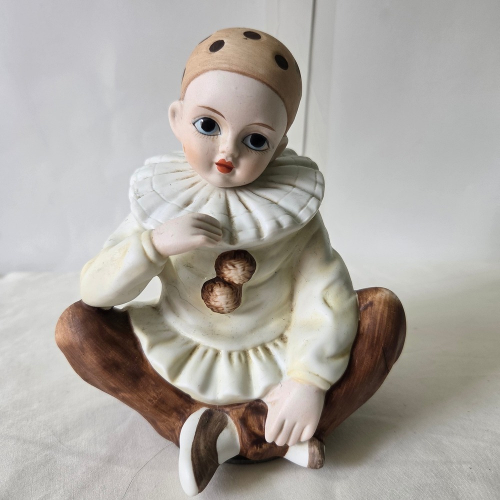 Vintage Mann 1982 Porcelain Harlequin Clown Music Box Pierrot Japan MCMLXXXII